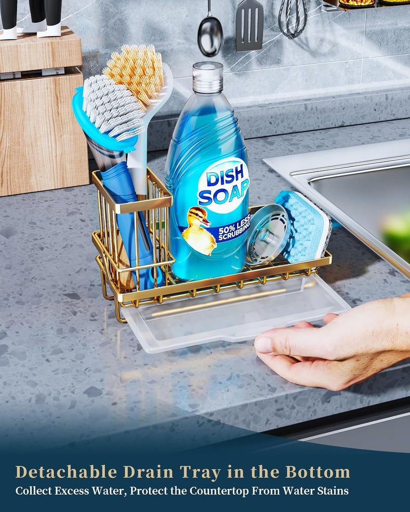 Consumest Sink Caddy, Kitchen Sponge Holder with Dish Brush Holder, Kitchen Sink Organizer with Drip Tray for Countertop, Stainless Steel Rustproof - Gold - Image 3